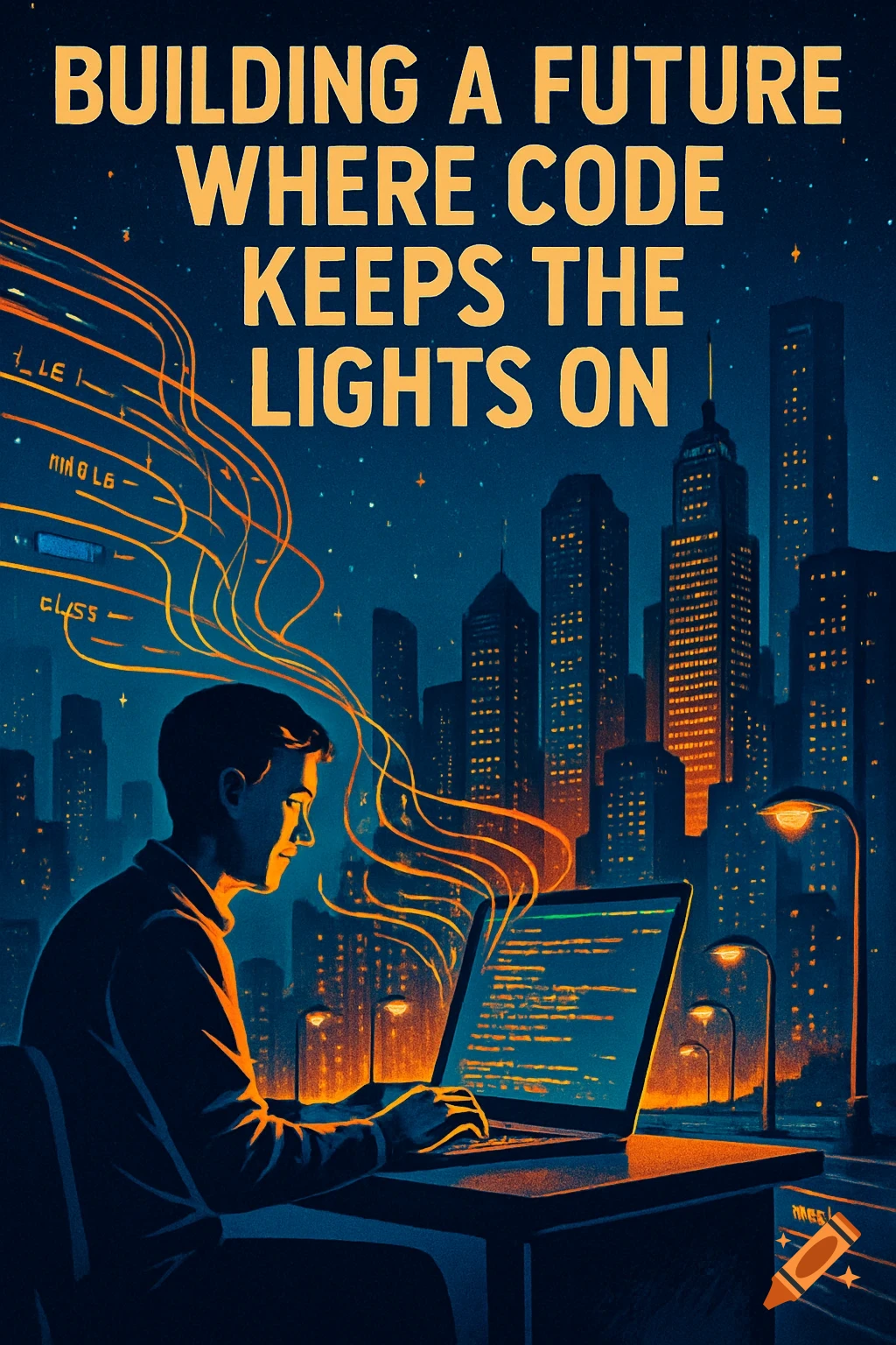 Retro-futuristic poster showing a software developer working on a laptop at night, with glowing lines of code powering a city skyline under a starry sky. Text reads: "Building a Future Where Code Keeps the Lights On."