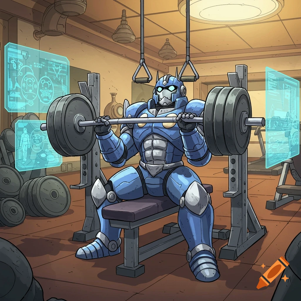 A blue robot in a gym bench presses a barbell, depicted in a cartoon style.