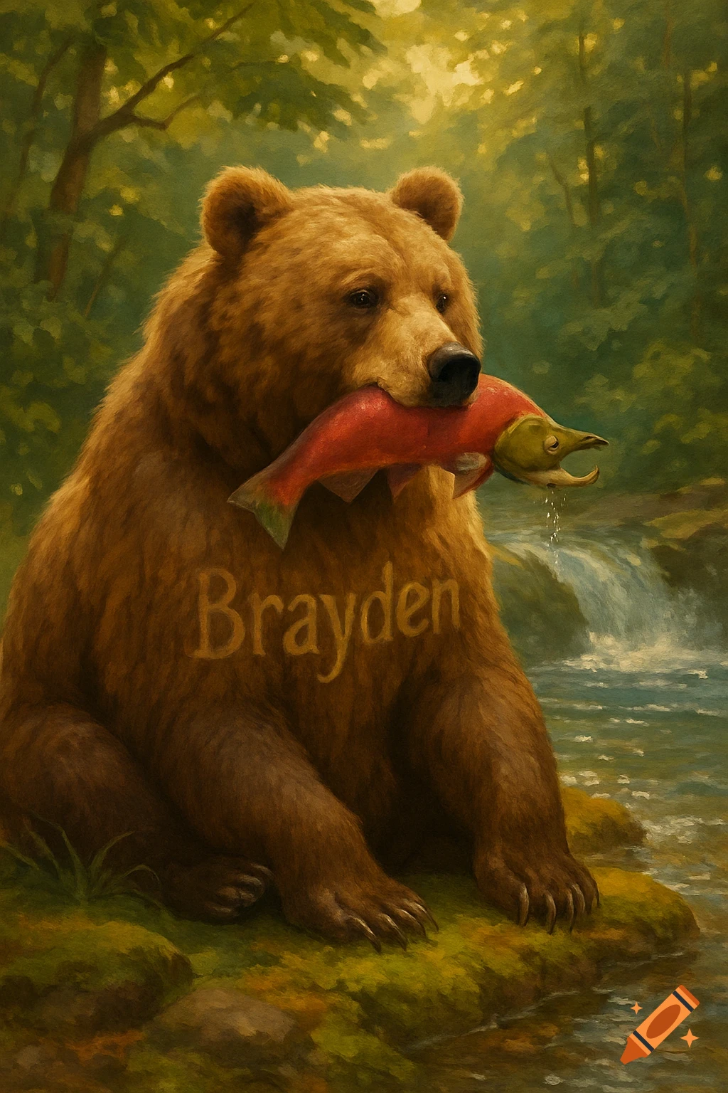 A brown bear sits in a forest stream, holding a red salmon in its mouth. The name "Brayden" is on its chest, in an oil painting style.