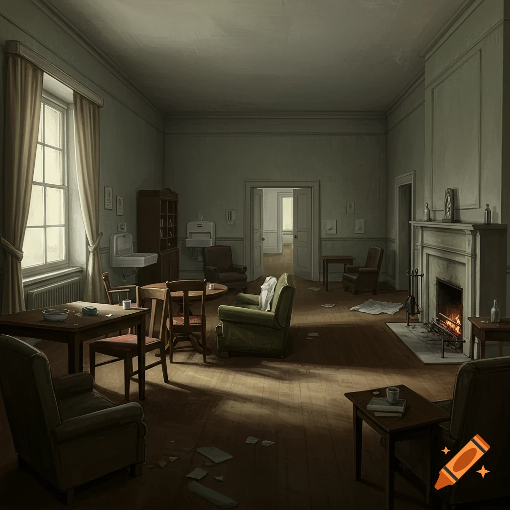 Dimly lit, vintage living room of an asylum with old furniture, a lit fireplace, two wall sinks, and scattered papers.