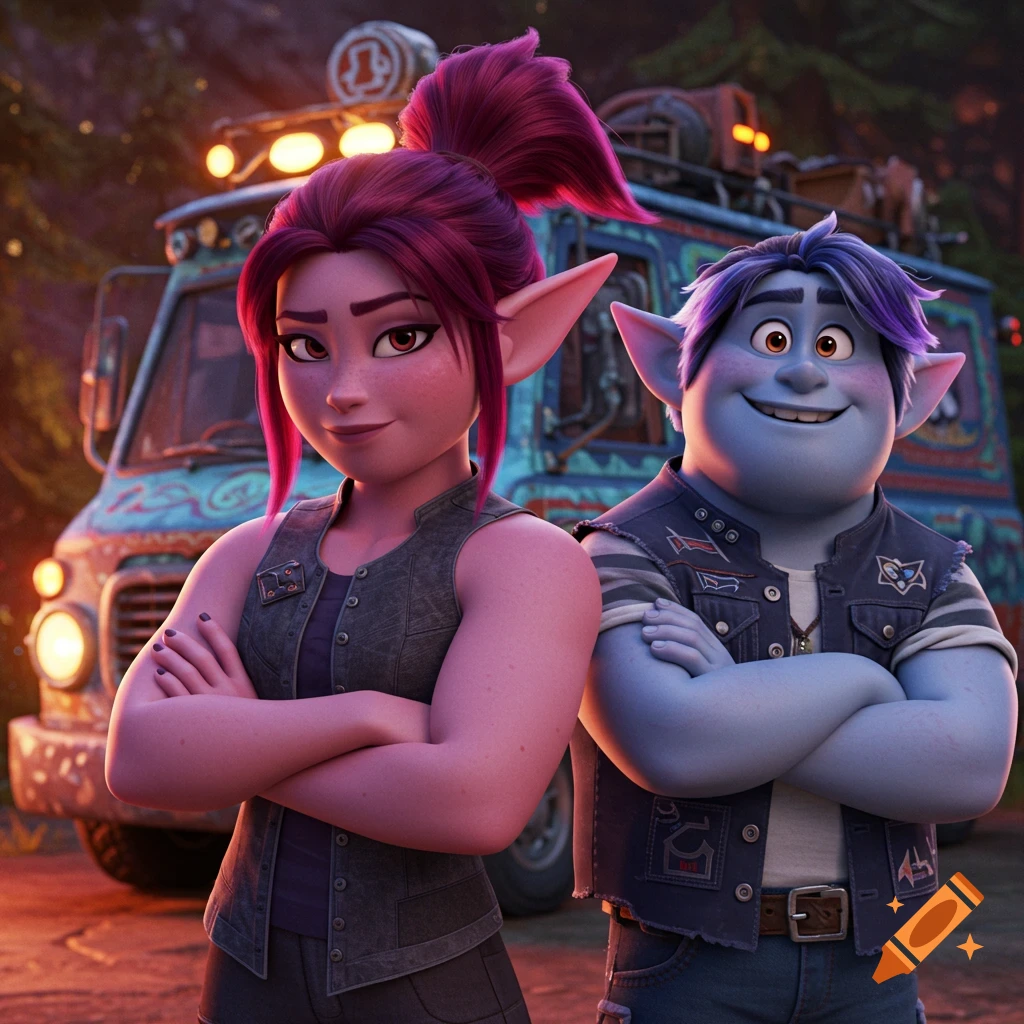 An animated elf girl with a magenta ponytail and Barley Lightfoot from Onward stand smiling in front of a blue van.