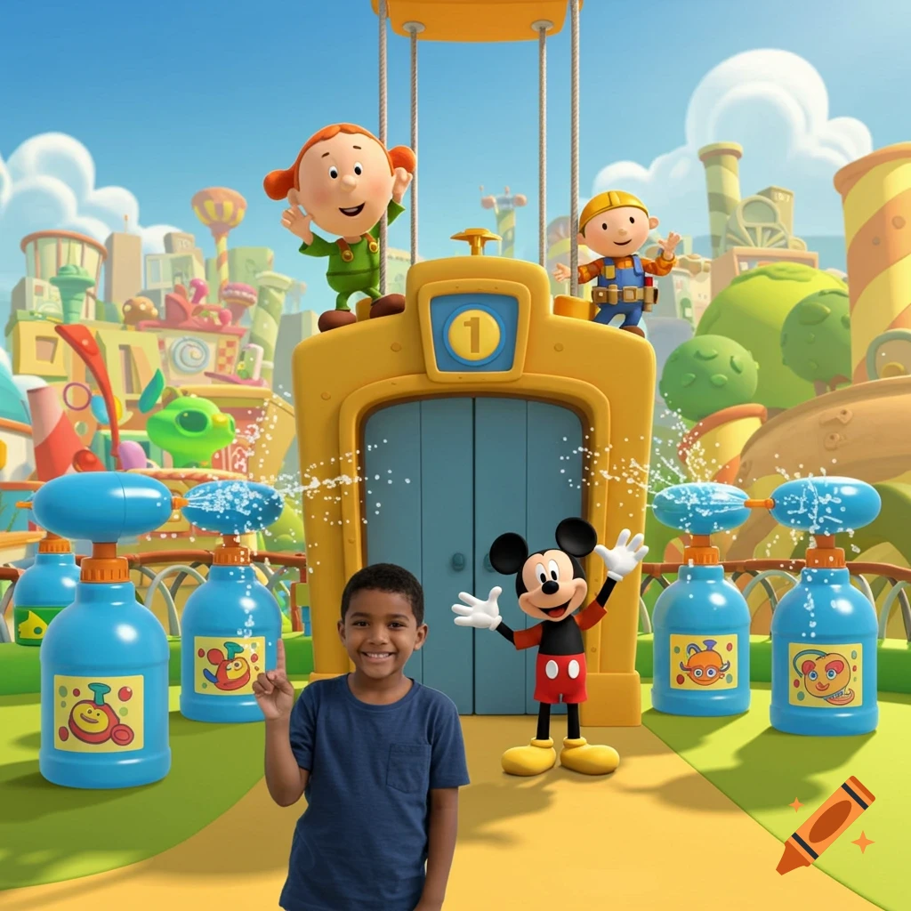 A smiling boy with Mickey Mouse and two other cartoon characters in a vibrant cartoon world with a building and water spray bottles.