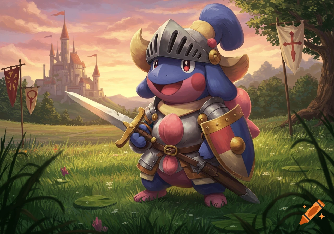 A cartoon knight Ludicolo holding a sword and shield in a grassy field with a castle at sunset.