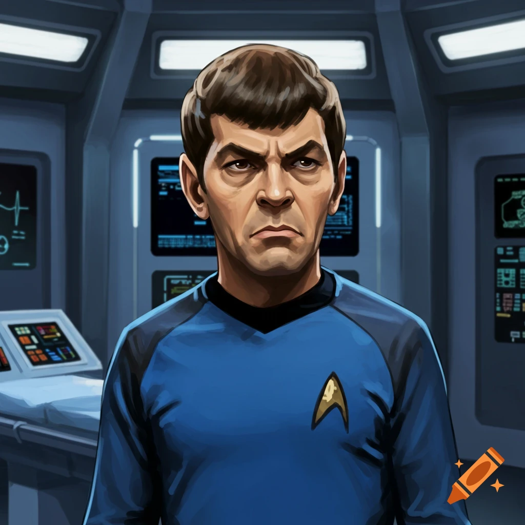 An illustration of a grumpy-faced man resembling Bones McCoy from Star Trek, wearing a blue Starfleet uniform, standing on a spaceship bridge.