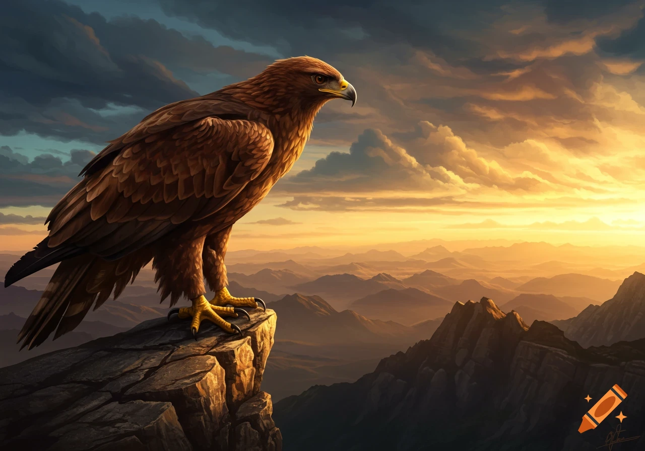 A majestic brown eagle perches on a jagged cliff overlooking a vast mountain range bathed in the golden light of sunset.