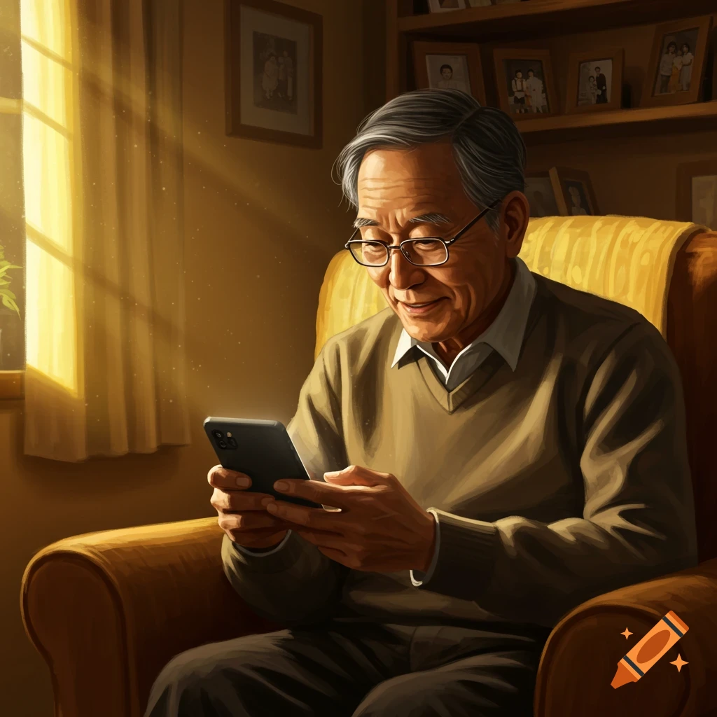 An older Asian man with glasses smiles softly while looking at a blurry video on his phone, sitting in a sunlit armchair.