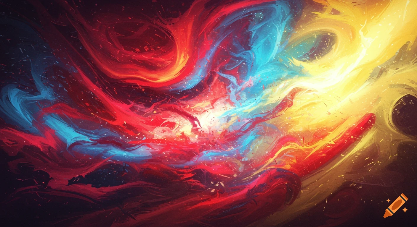 Vibrant abstract digital art featuring swirling forms in red, blue, and yellow.