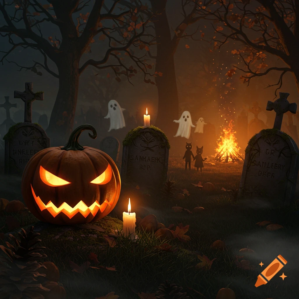 A spooky Halloween graveyard scene with a glowing jack-o'-lantern, candles, ghosts, two small figures, and a bonfire.