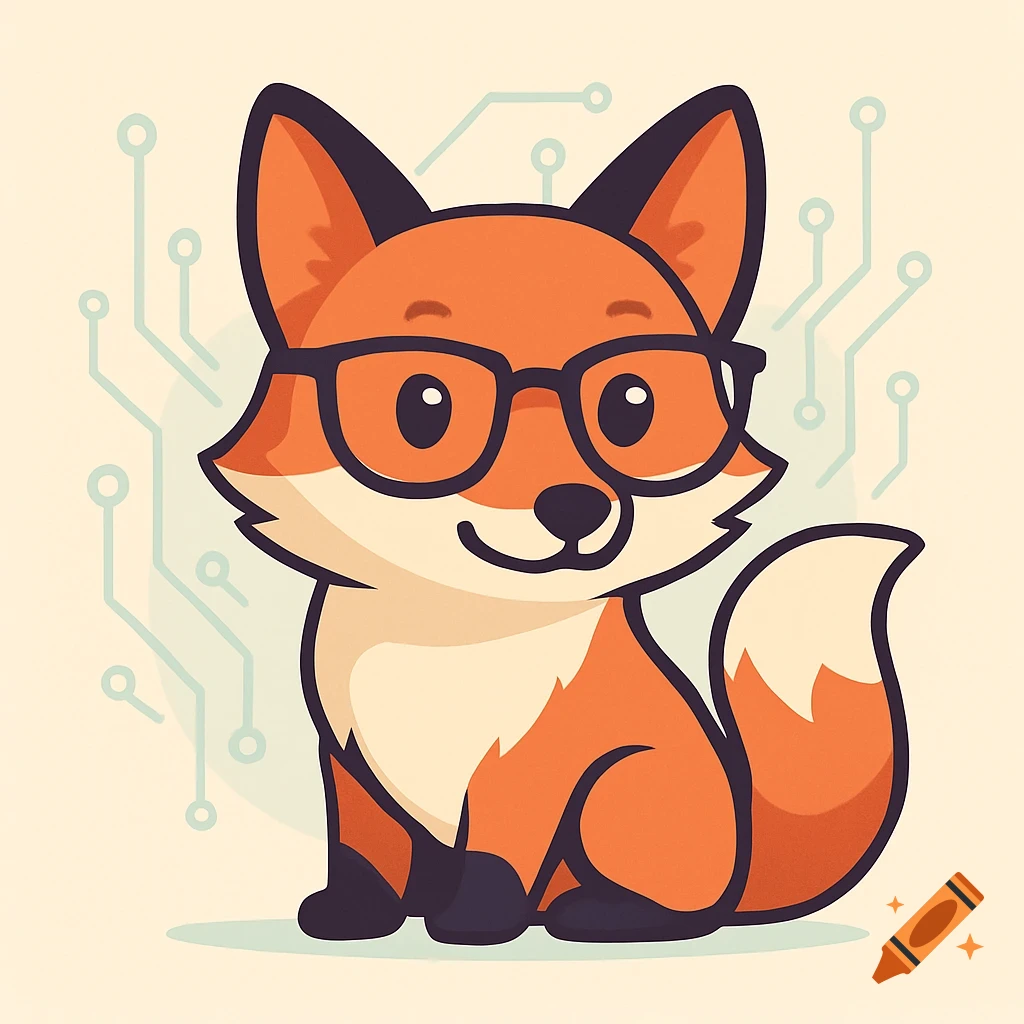 A cute, orange cartoon fox wearing black glasses, sitting with a circuit board pattern in the background.