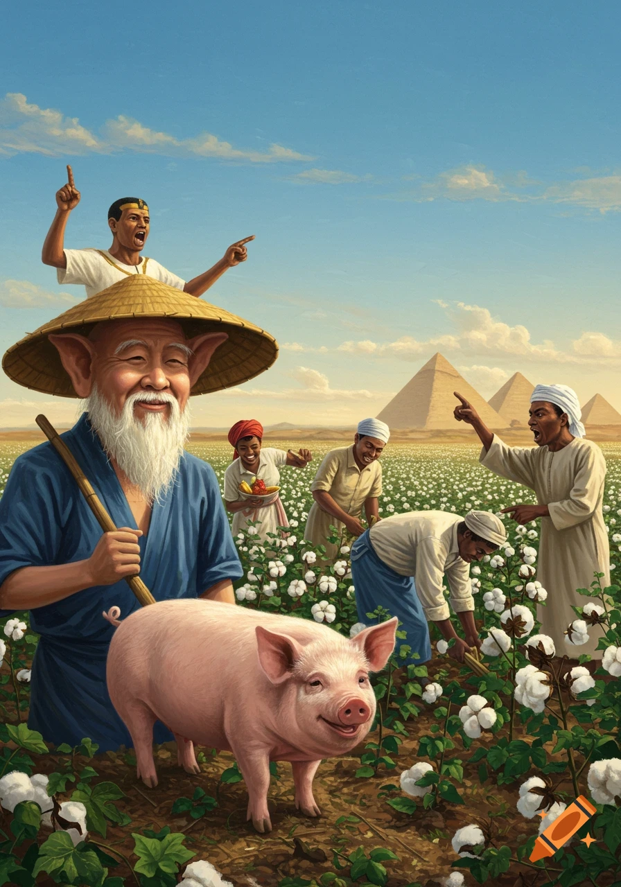 A surreal scene of diverse people farming cotton in a field, with pyramids in the background. A smiling old man with a straw hat and large ears holds a stick, next to a friendly pig. Others are working, while one man on the hat and another in the background point and shout.