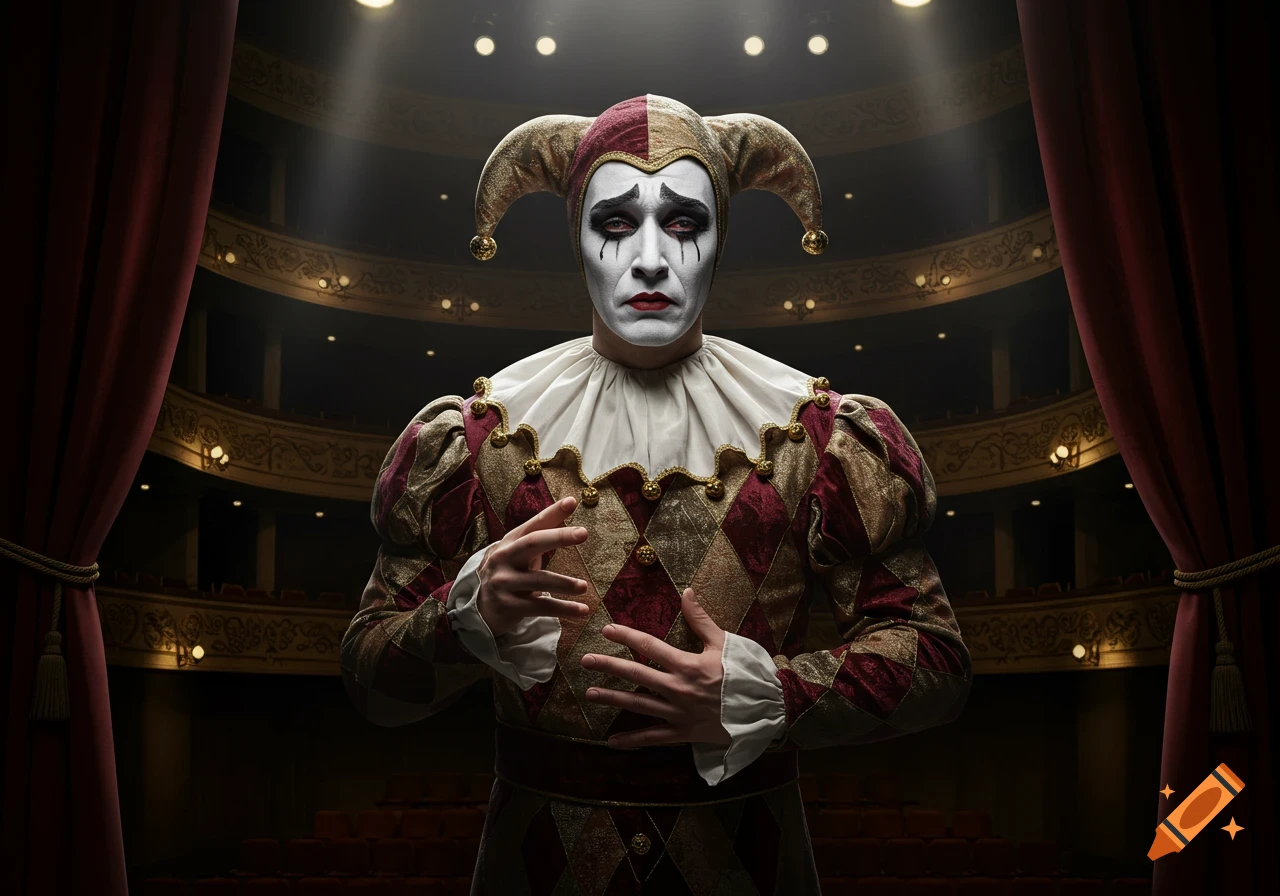A sad jester in a red and gold costume with white face paint and black tears stands on a theatre stage with curtains and balconies.