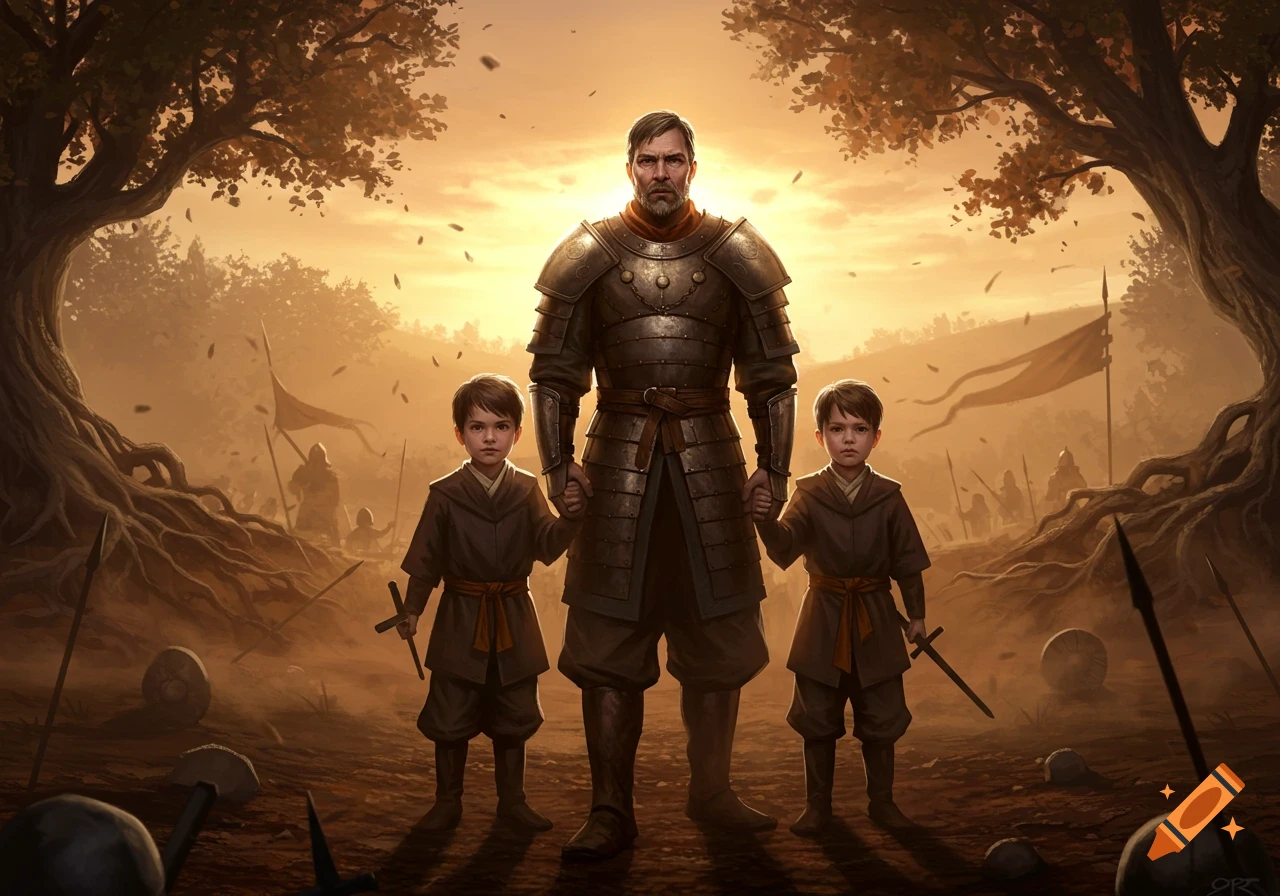 A solemn warrior in armor holds hands with two young boys on a battlefield at sunset, with distant figures and trees. Fantasy art.