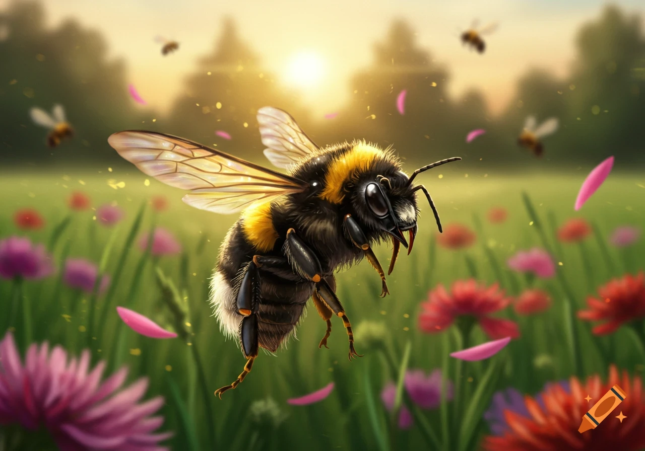 Detailed digital painting of a fluffy bumblebee flying over a vibrant flower field at sunset, with golden light and pink petals.