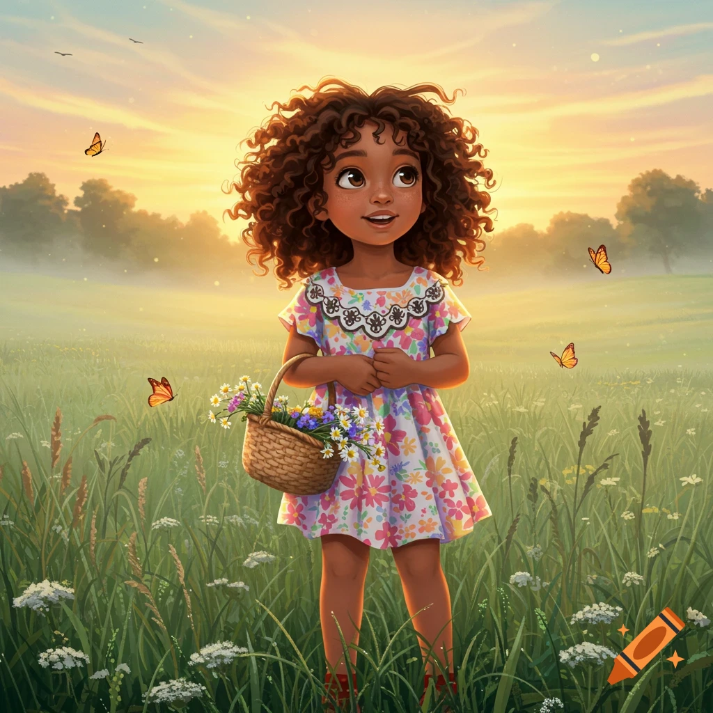 A stylized illustration of a young girl with curly hair, holding a flower basket in a sunny meadow with butterflies.