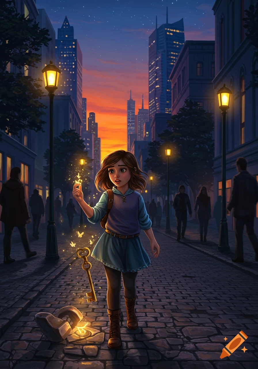 A young girl holds a glowing key and butterflies on a cobblestone city street at sunset, with skyscrapers and streetlights.