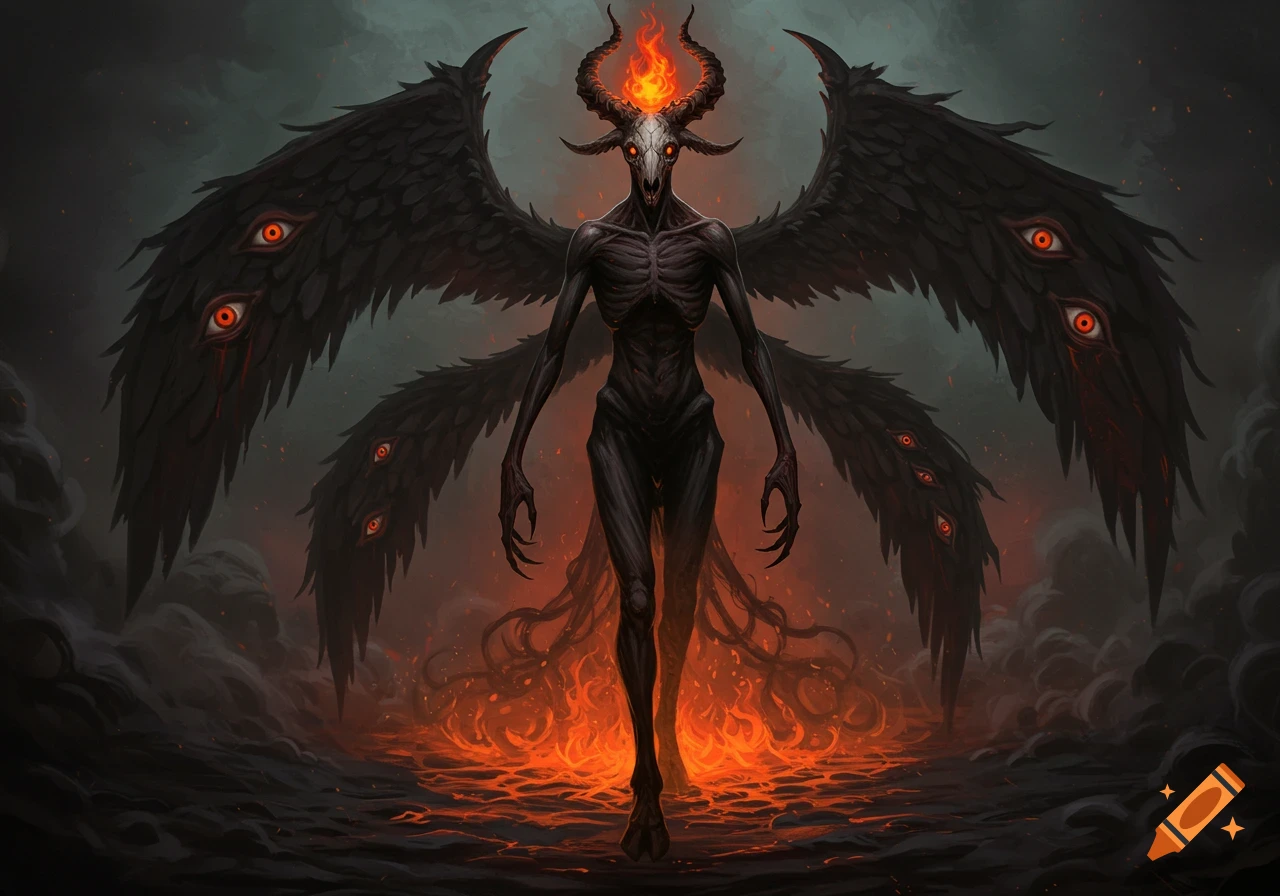 A tall, skeletal demon with a goat skull head, fiery horns, and large black wings covered in red eyes, stands in a fiery hellscape.