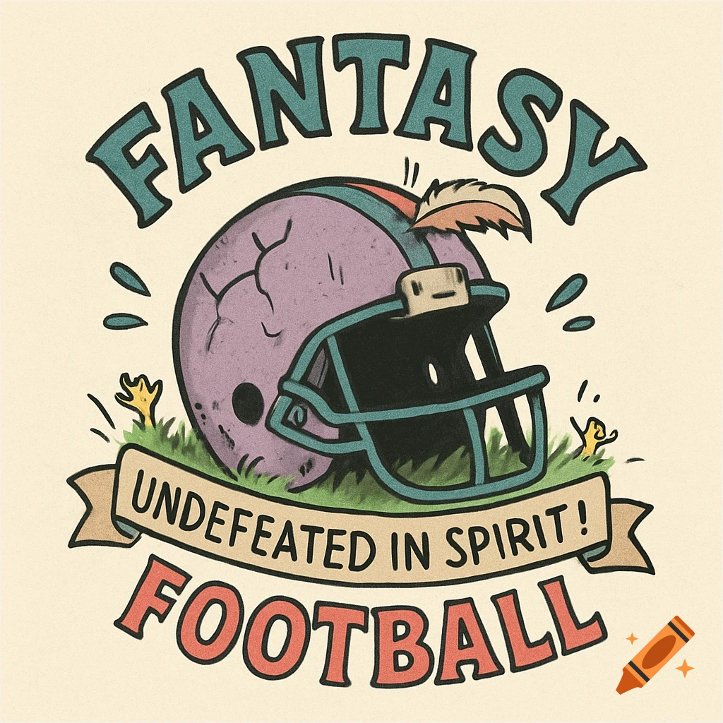 A stylized fantasy football logo featuring a purple football helmet with a feather, text reads 'FANTASY UNDEFEATED IN SPIRIT! FOOTBALL'.