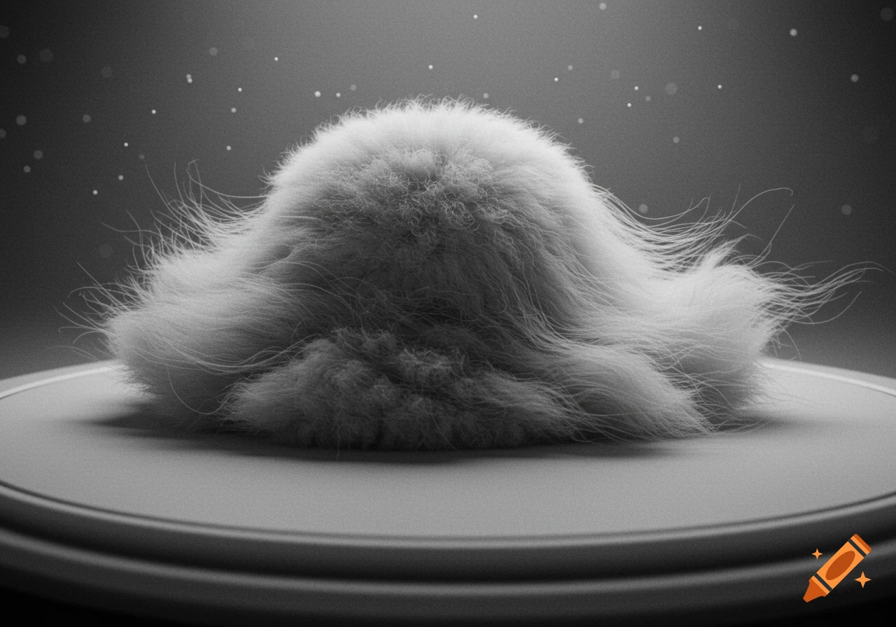 Soft, hairy white creature on a circular platform in a black and white surreal photo with subtle background lights.