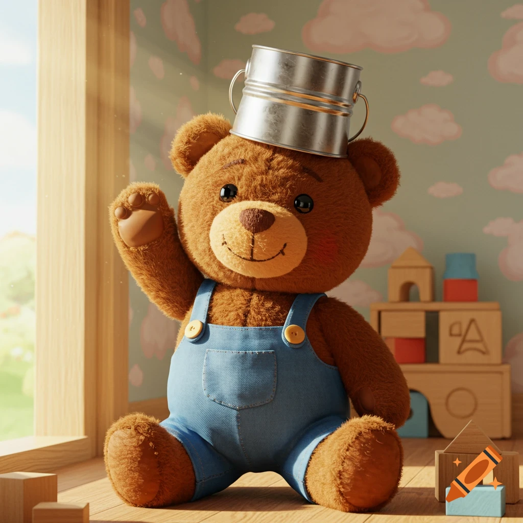 A brown teddy bear wearing blue overalls and a bucket on its head, waving hello in a sunny children's room.