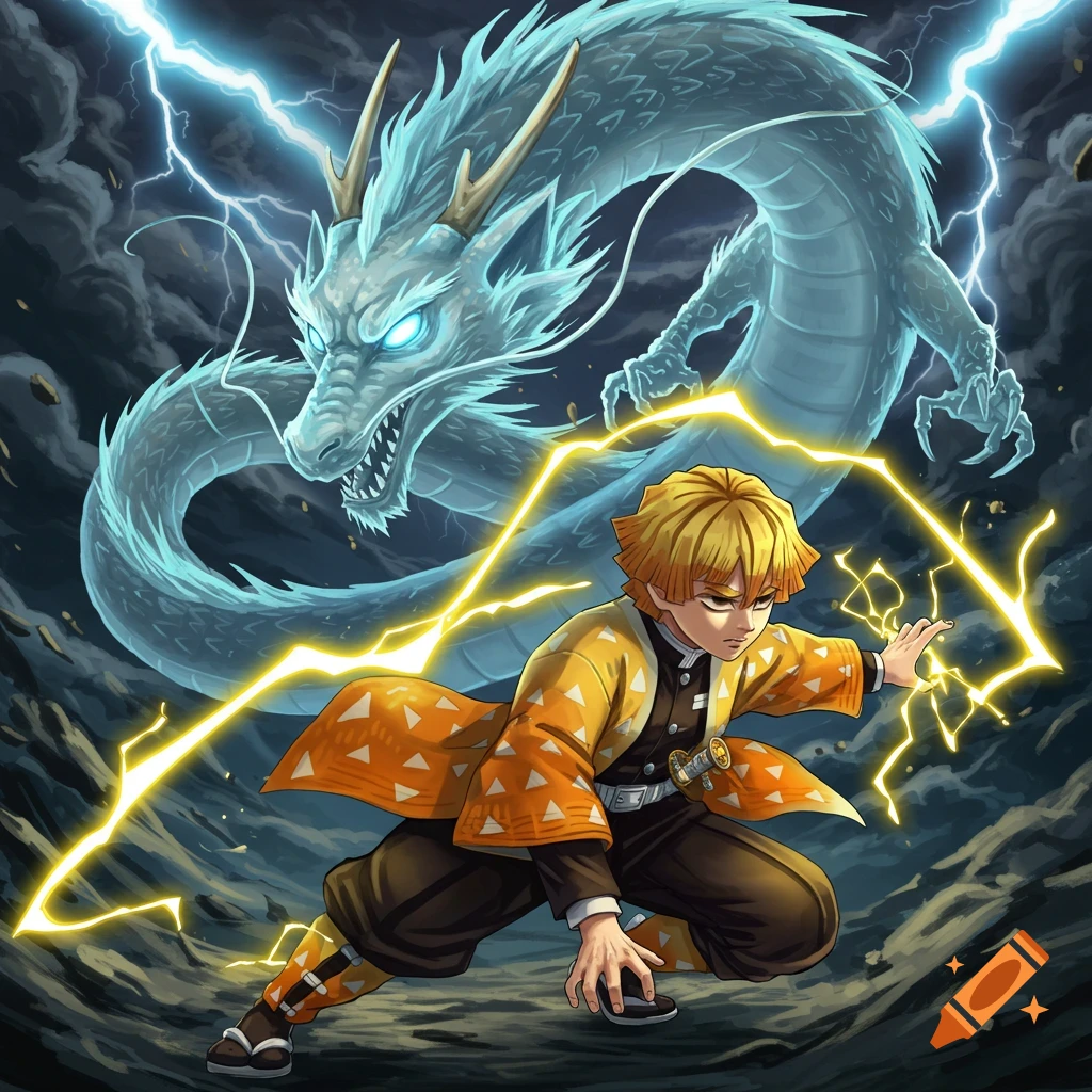 Anime illustration of Zenitsu crouching with lightning, a glowing blue lightning dragon behind him against a stormy sky.