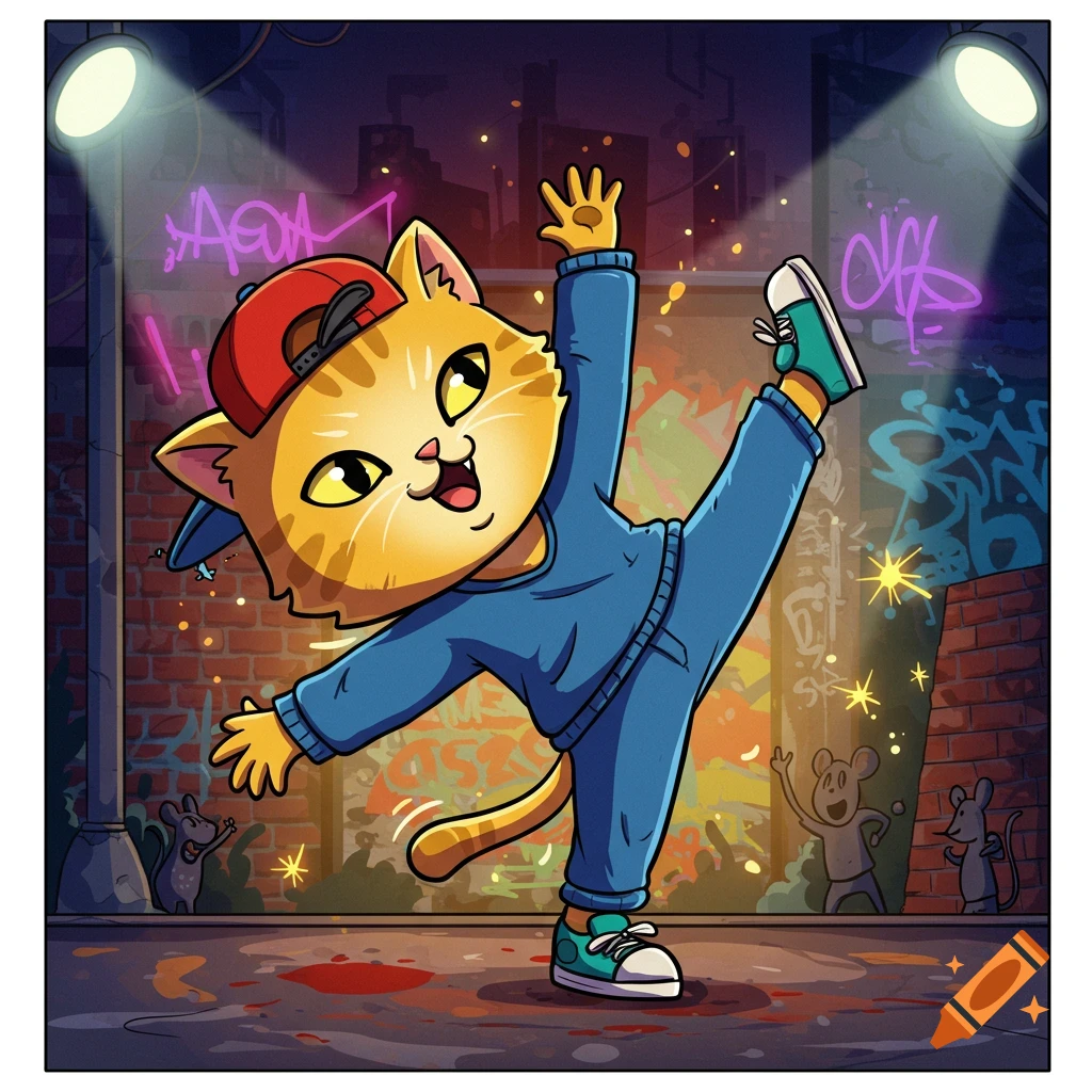 A cartoon cat wearing a red cap and blue tracksuit breakdances in a graffiti-covered alley at night.