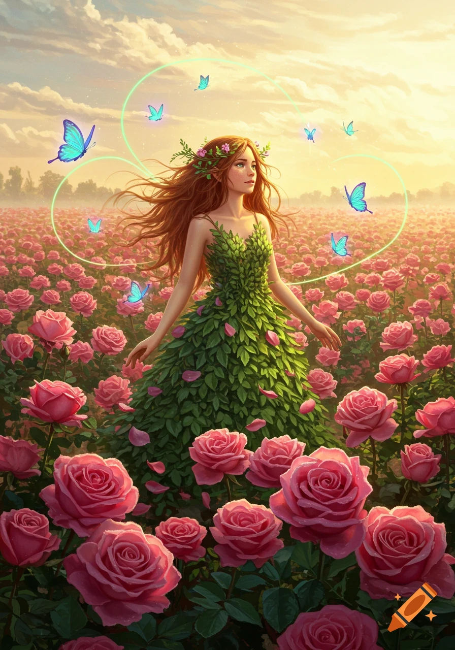 A fantasy woman with red hair and a leaf dress stands in a field of pink roses with glowing blue butterflies.