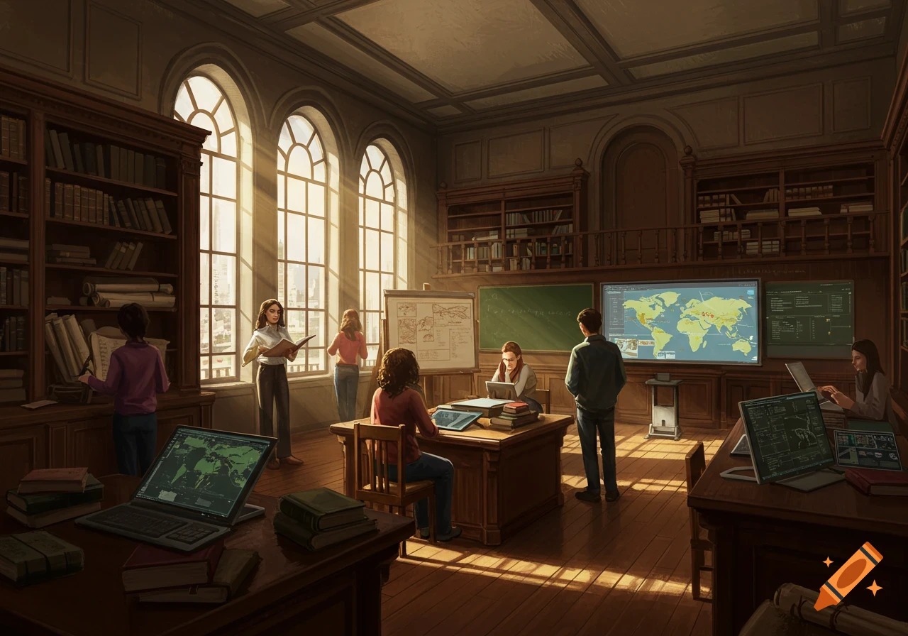 A history classroom with students and traditional books alongside modern screens showing maps and data, bathed in sunlight.