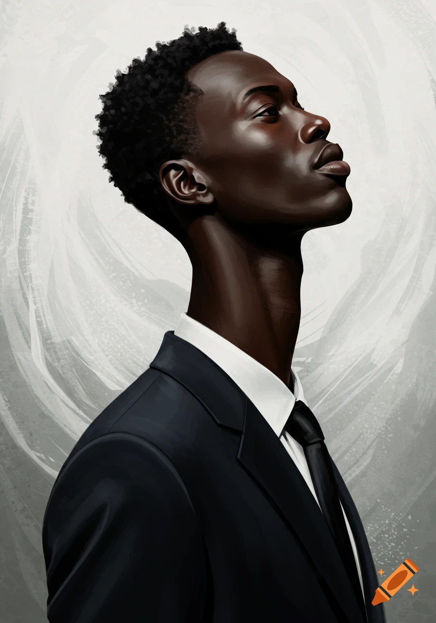 A painted portrait of a Black man with a very long neck, wearing a black suit and tie, looking upwards with a pensive expression against a light, brushstroke background.