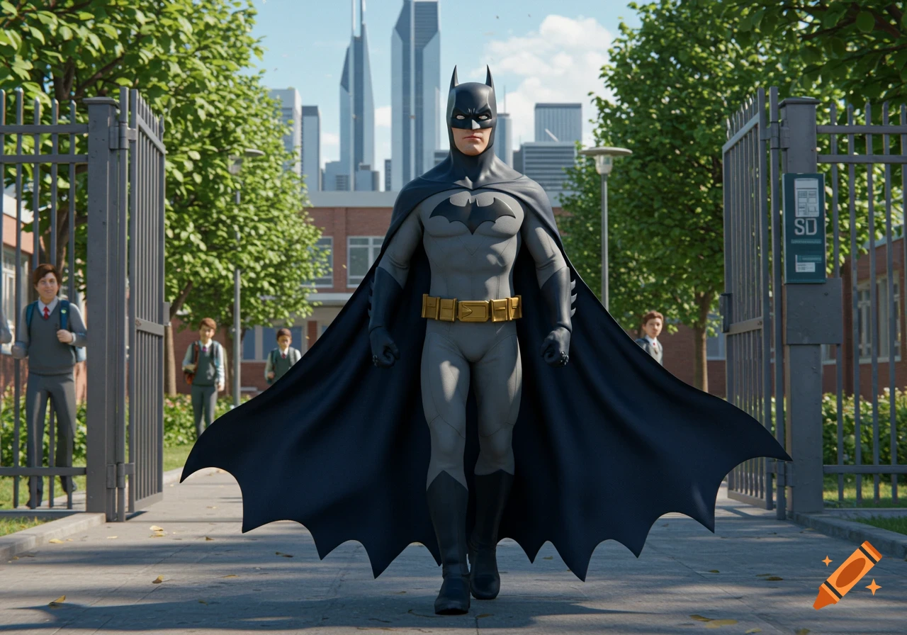 A 3D render of Batman walking on a path in front of a school, with students and city buildings in the background.