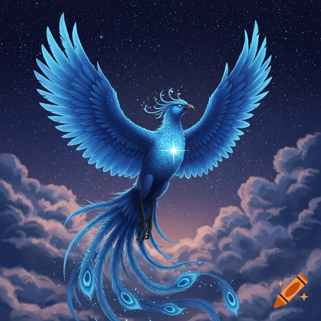 A majestic blue phoenix with a glowing star on its chest soars through a starry night sky above mystical clouds.