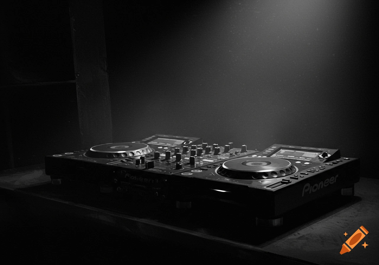 Monochrome photorealistic DJ mixer with two turntables in a dark, hazy club setting, lit from above.