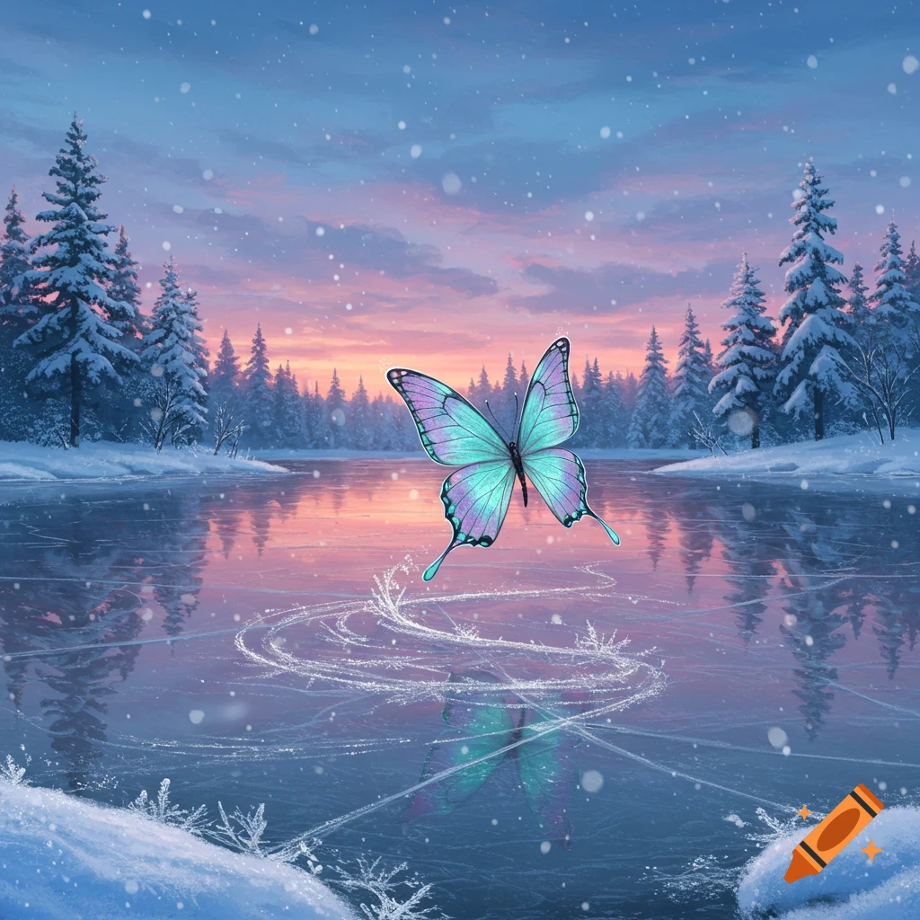A vibrant blue and purple butterfly hovers over a frozen lake with ice skating trails, surrounded by snow-covered pine trees and a colorful sunset sky.