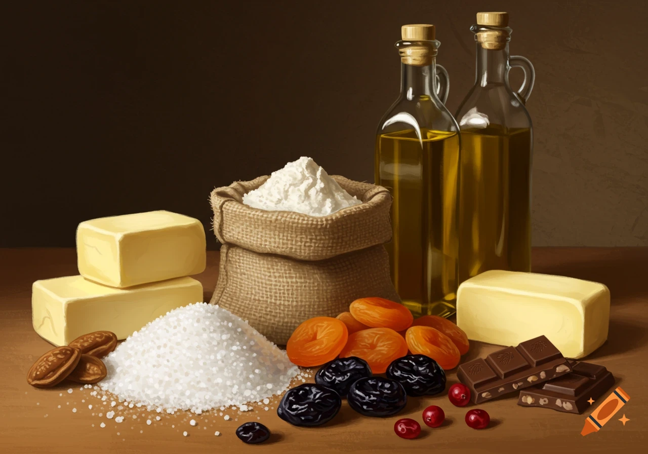 A still life painting of food ingredients including butter, flour, salt, olive oil, dried apricots, prunes, chocolate, and cranberries on a wooden surface.