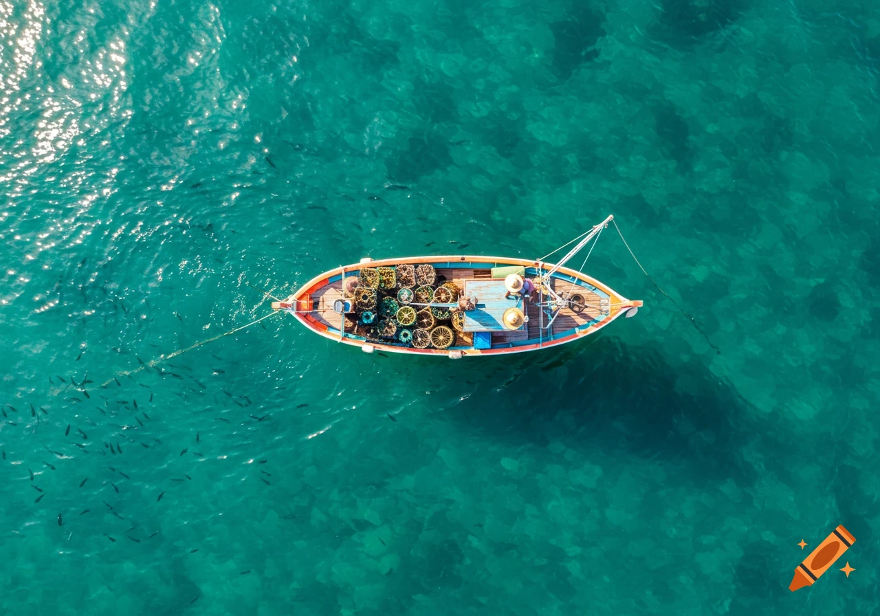 Aerial view of a fishing boat laden with crab pots on turquoise water with schools of small fish.