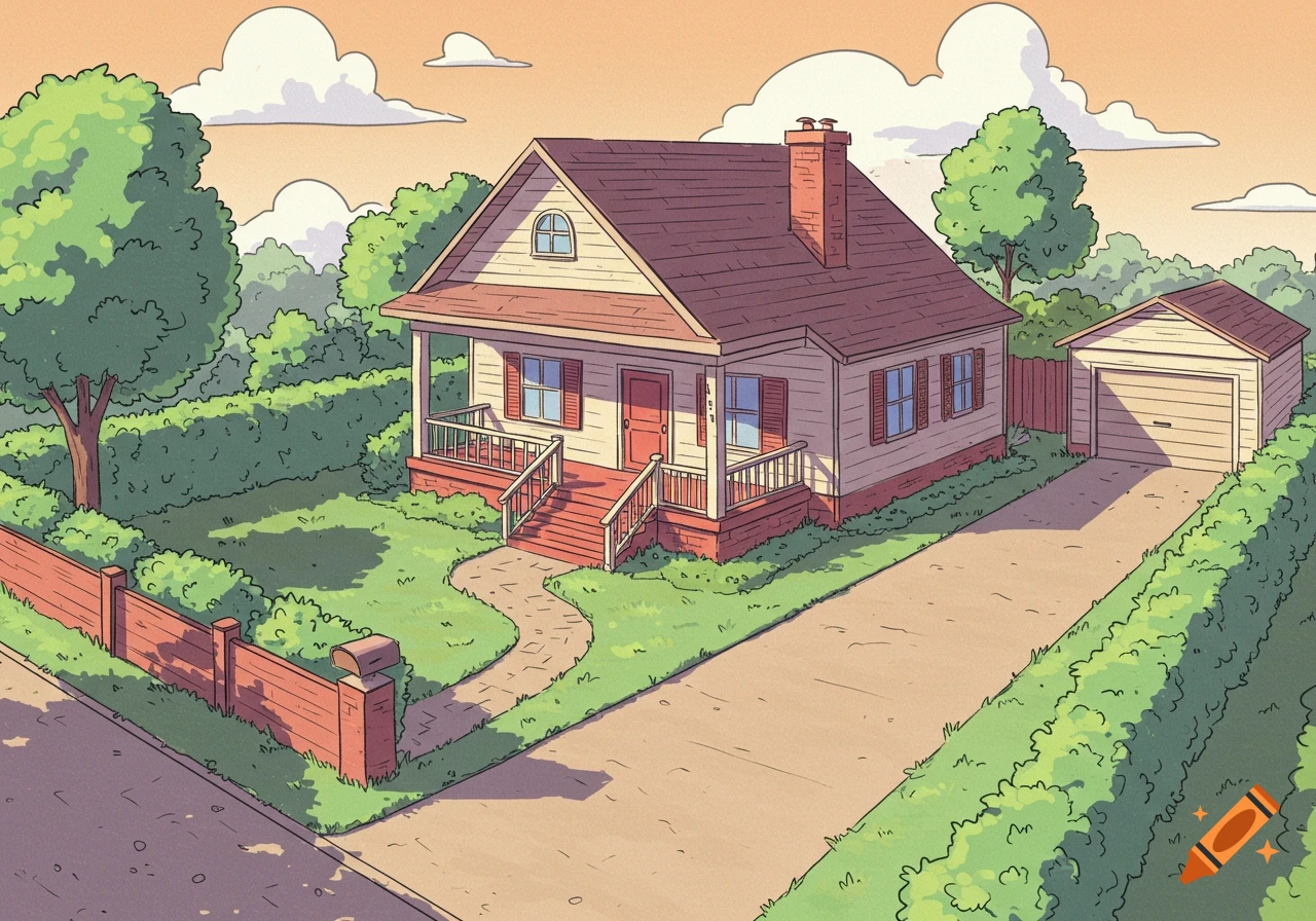 Cartoon illustration of a suburban house with a porch, winding path, and an offset garage, surrounded by hedges.