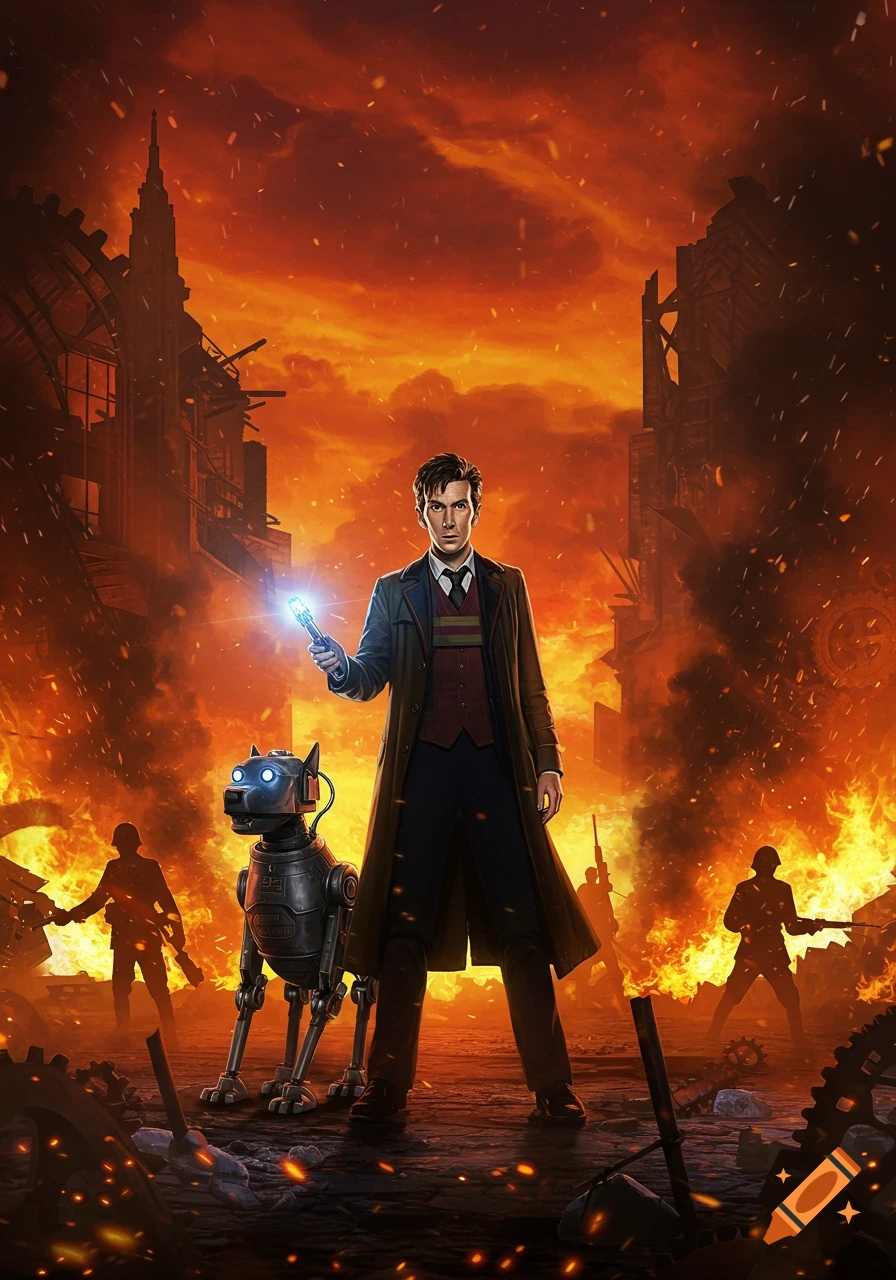 Illustration of the Tenth Doctor and K9 standing in a burning, ruined city with silhouetted figures.
