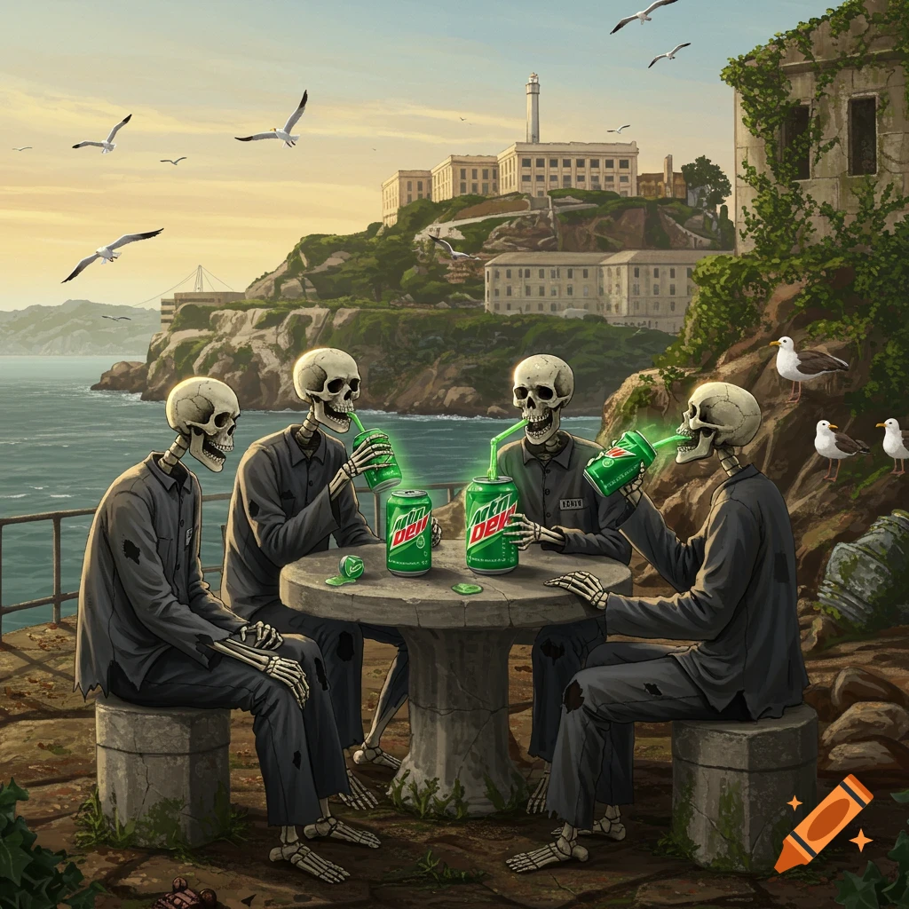 Four skeletons in prisoner uniforms sit around a table on a patio overlooking Alcatraz Island at sunset, drinking glowing green soda from cans and straws. Seagulls fly overhead and perch nearby.