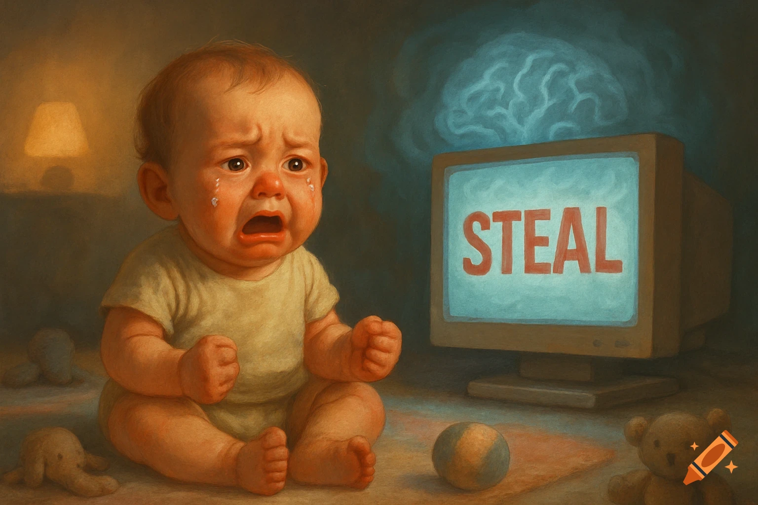 A crying baby stares at an old computer screen displaying the word 'STEAL', with a glowing brain cloud above it, in a painted style.