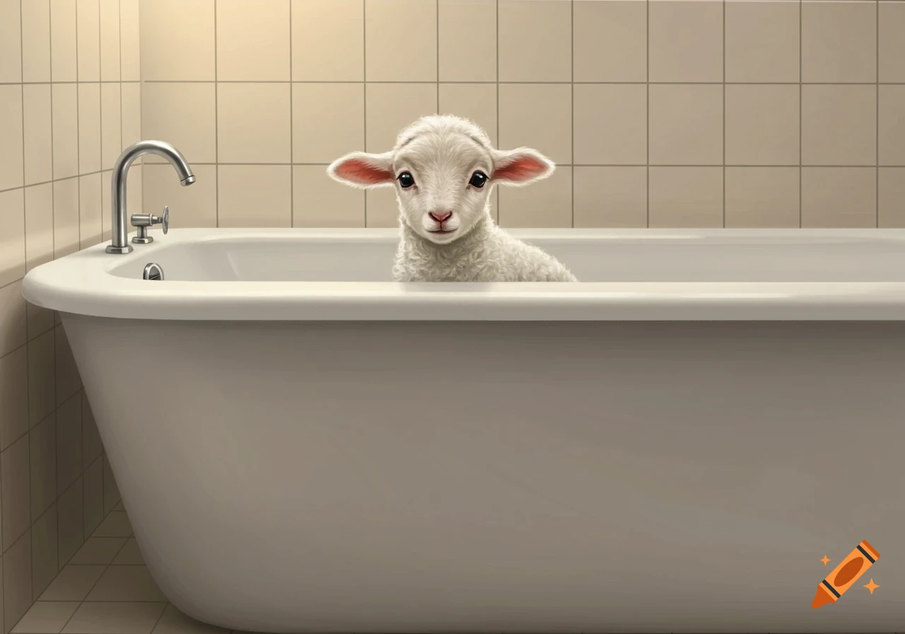 A fluffy white lamb sits in an empty white bathtub in a tiled bathroom, looking directly at the viewer.