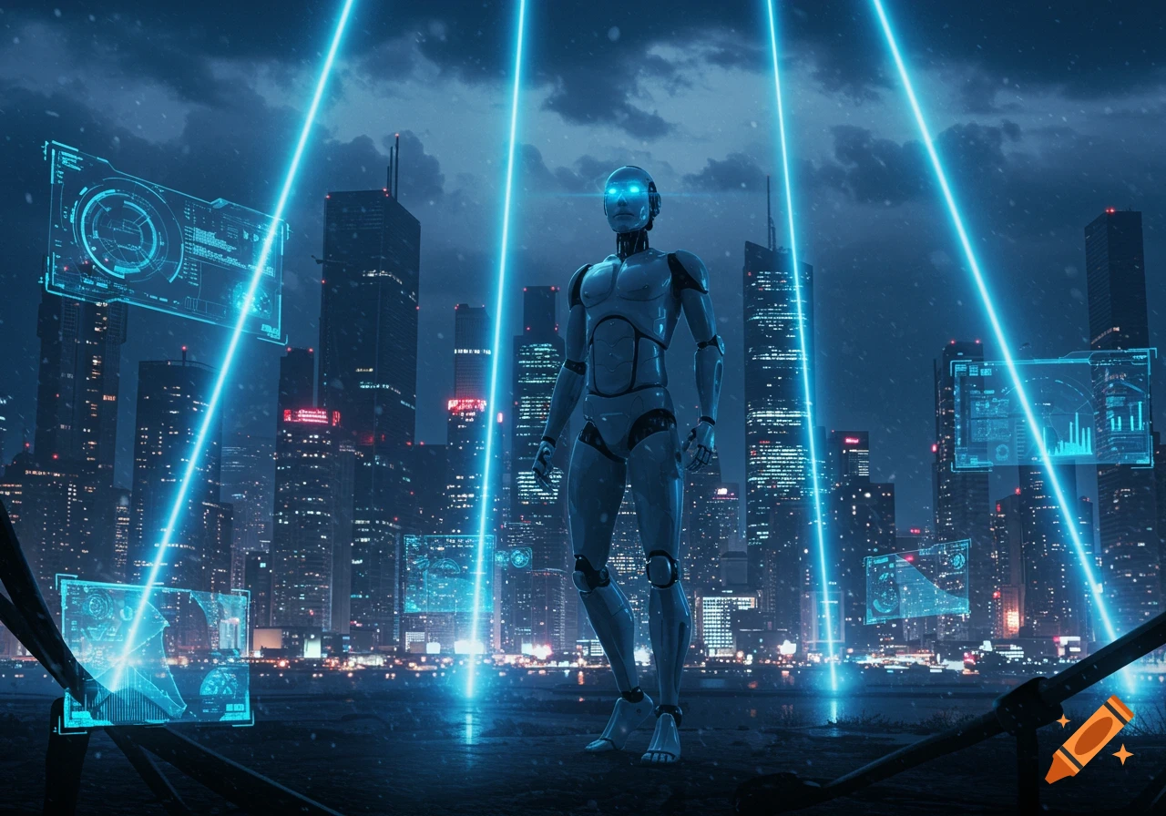 A humanoid robot stands in a futuristic city at night, surrounded by glowing blue light beams and holographic data screens.