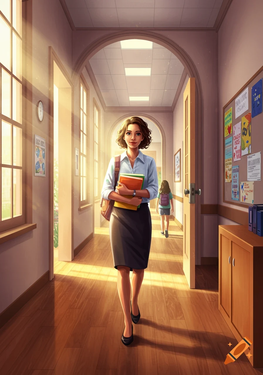 An illustration of a smiling female teacher holding books, walking down a bright school hallway with a student in the background.