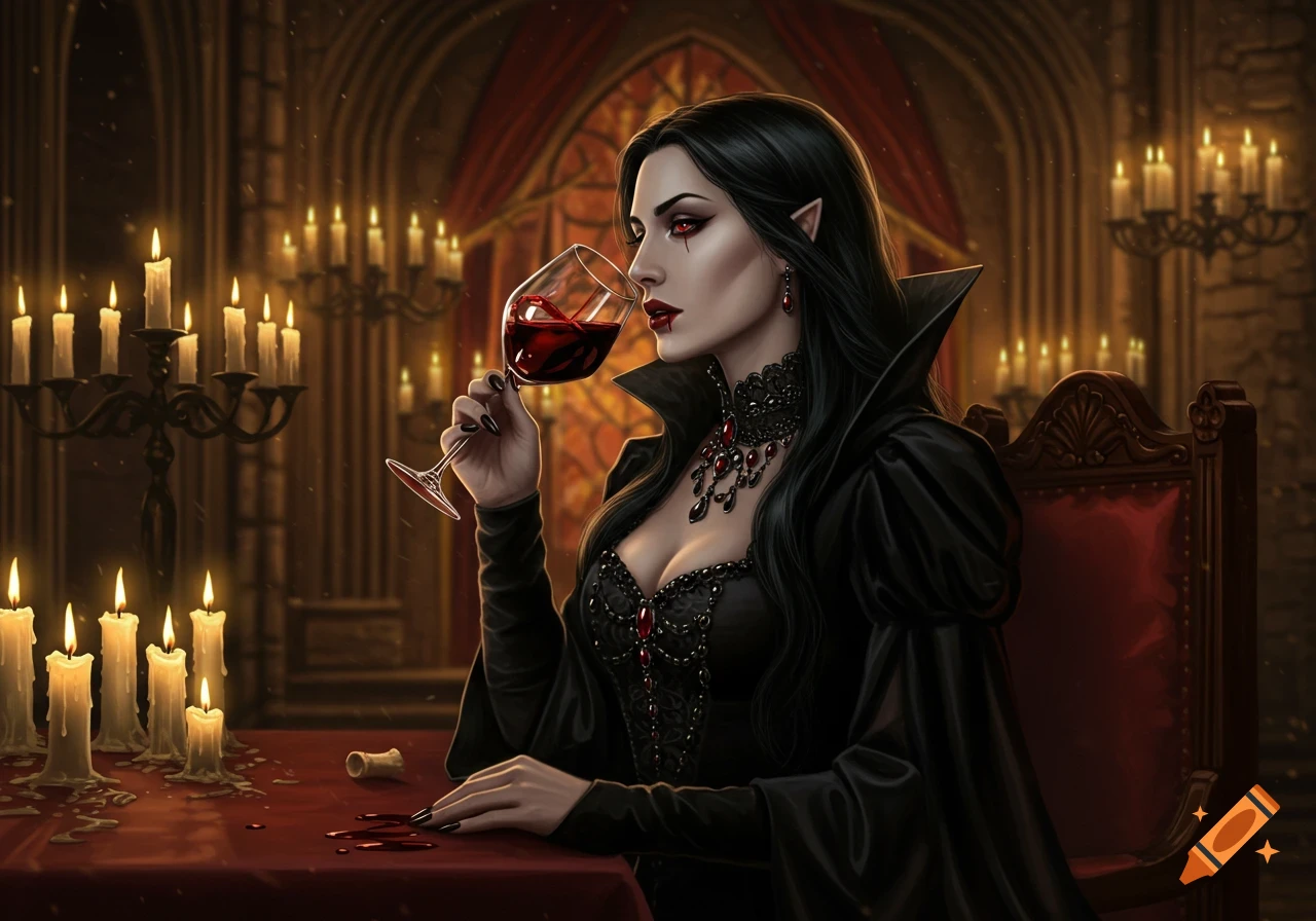 A dark-haired vampire queen with pointed ears sips from a wine glass in a candlelit gothic hall, in a fantasy realism style.
