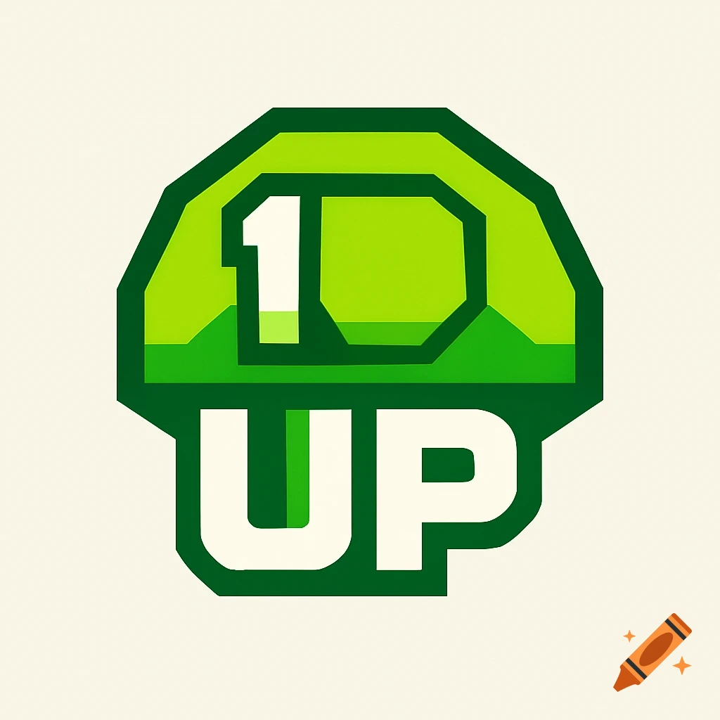 A green mushroom-shaped logo with the white text '1UP' in an abstract, blocky style.