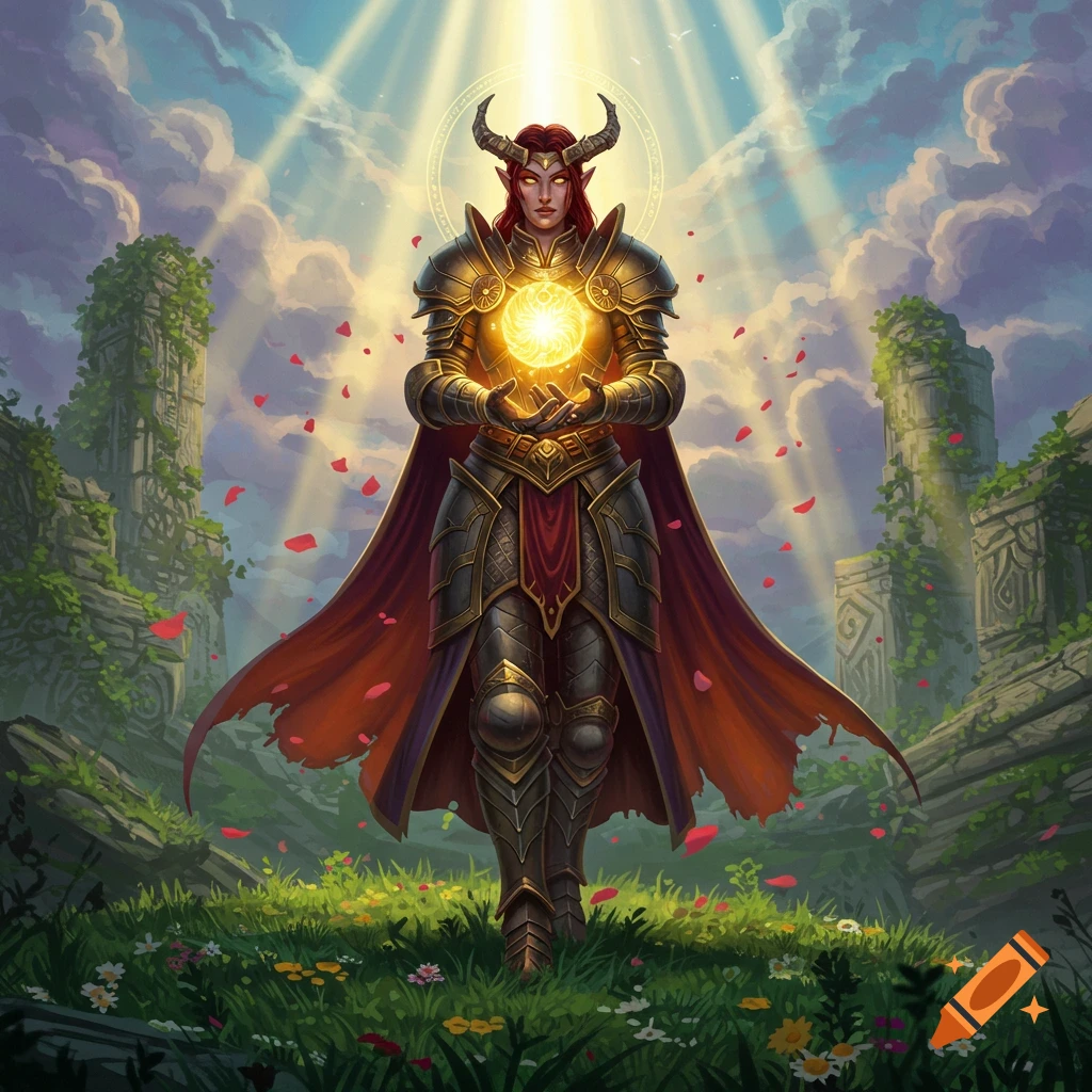 A horned warrior in golden armor stands in a field of ruins, holding a glowing orb under sun rays in a fantasy art style.