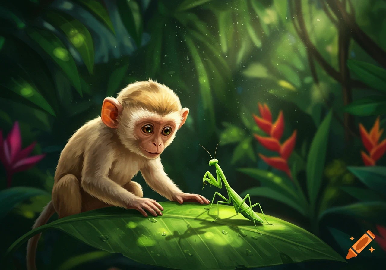 A curious baby monkey with big eyes gently observes a green praying mantis on a large leaf in a lush, sunlit jungle.