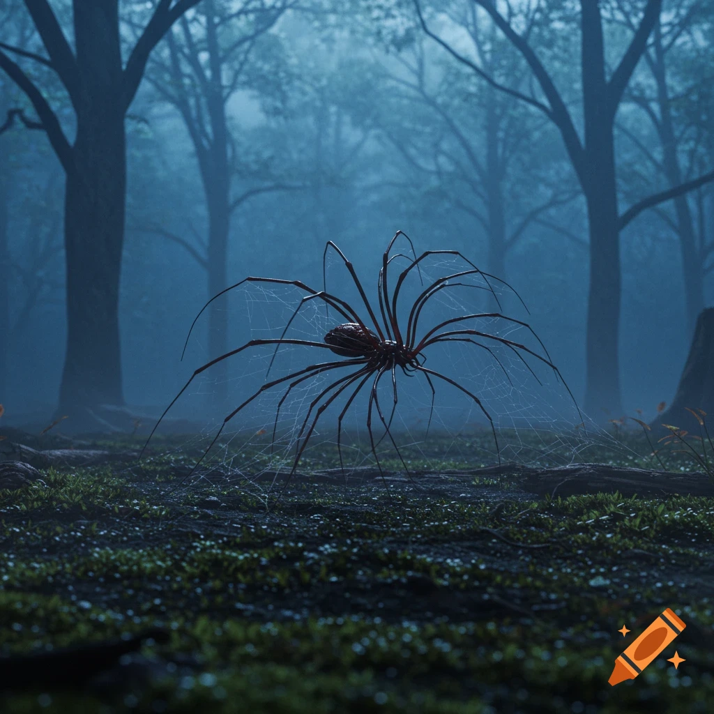 A large, thin spider with numerous long legs on a web in a misty, dark forest with mossy ground, photorealistic.