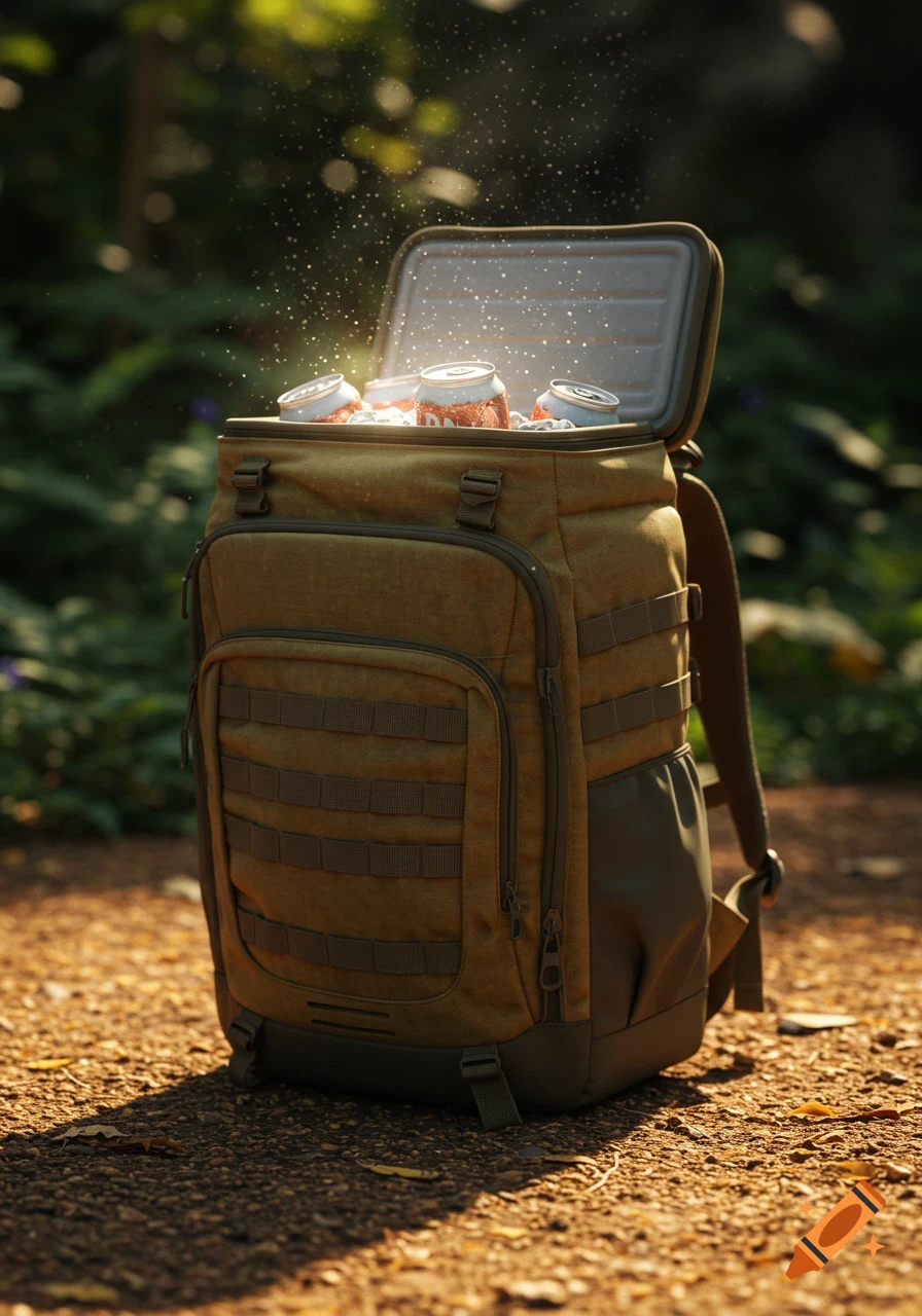 A photorealistic image of an open brown backpack cooler filled with sparkling beverage cans on a forest path.