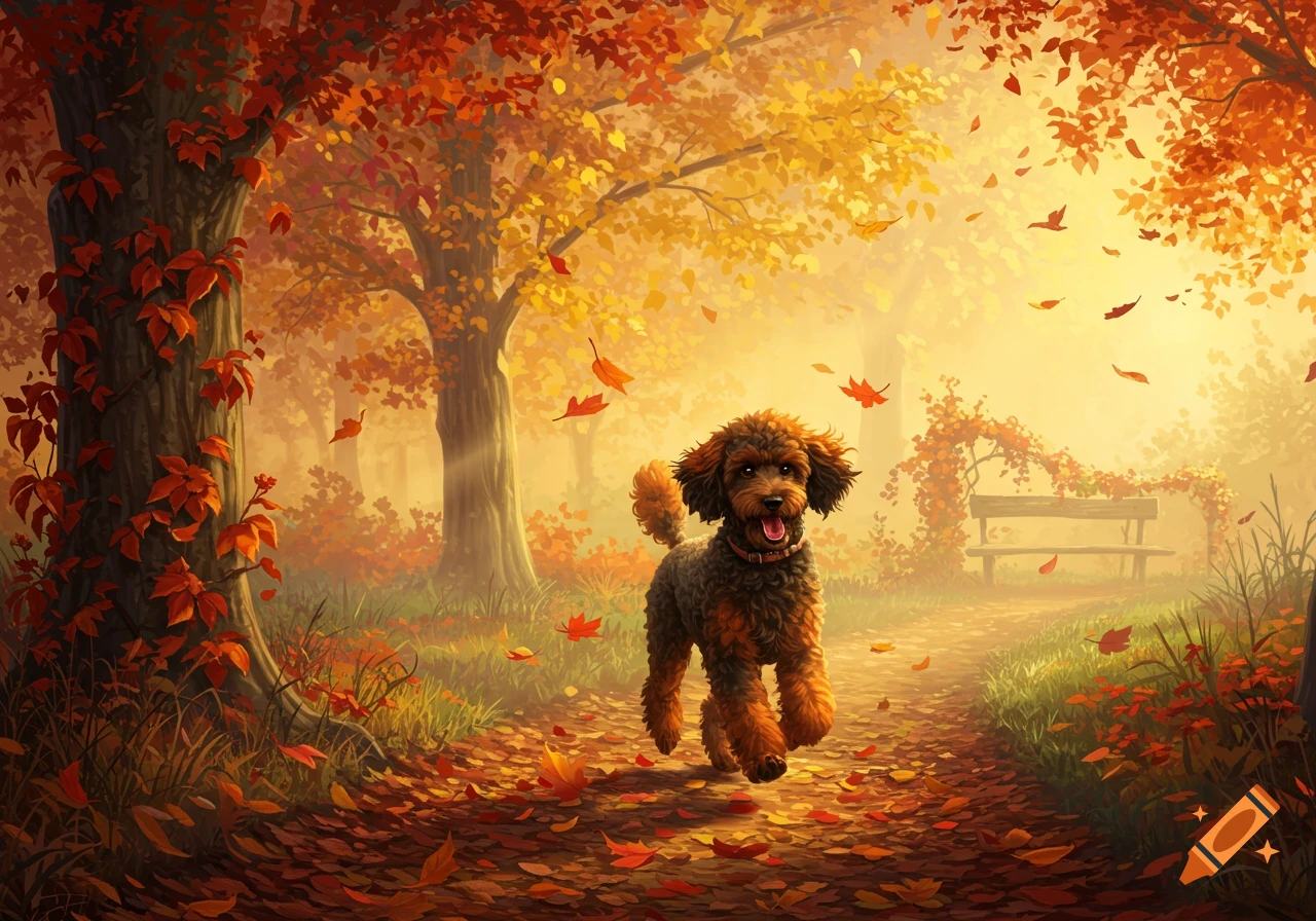 A brown, black, and orange poodle runs happily on a path covered in fallen leaves in a vibrant autumn forest.