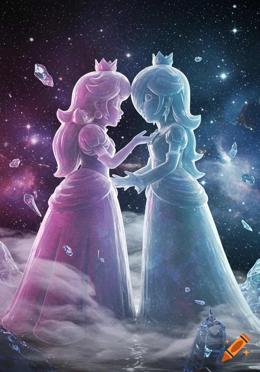 Princess Peach and Rosalina, rendered as glowing ice statues, embrace in a vibrant, star-filled deep space with floating crystals.
