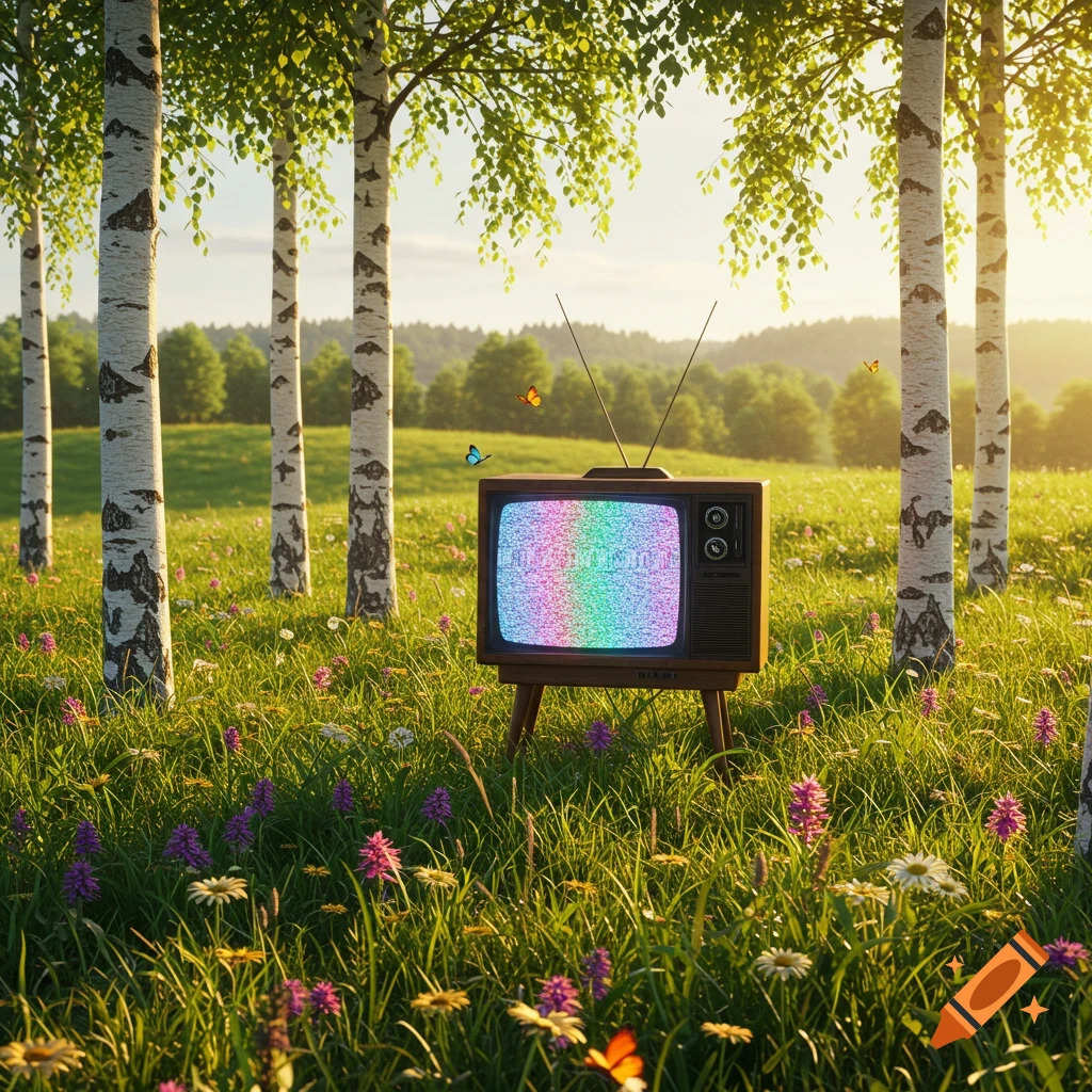 A retro television showing static sits in a sunny meadow filled with colorful wildflowers and tall birch trees.
